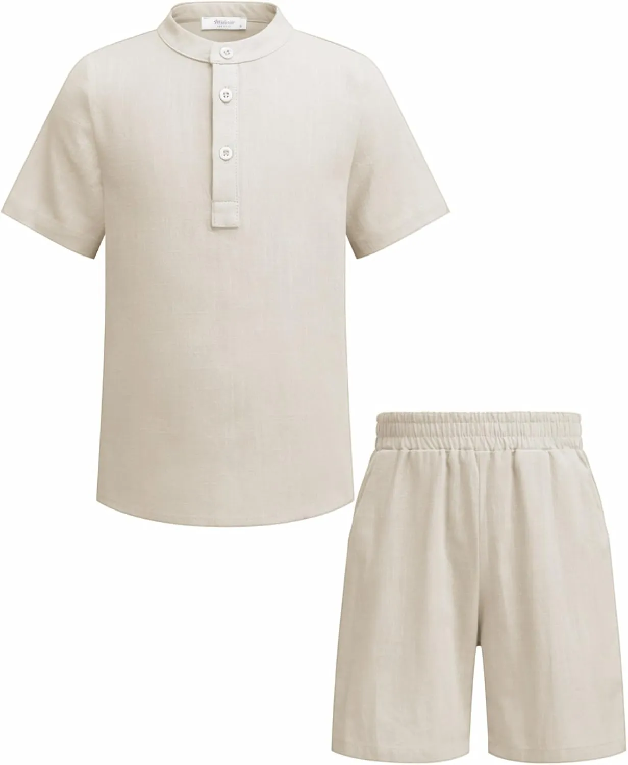 Arshiner Boy's 2 Pieces Cotton Linen Set Casual Henley Shirts Short Sleeve Beach Shorts Summer Outfits for 5-12 Years