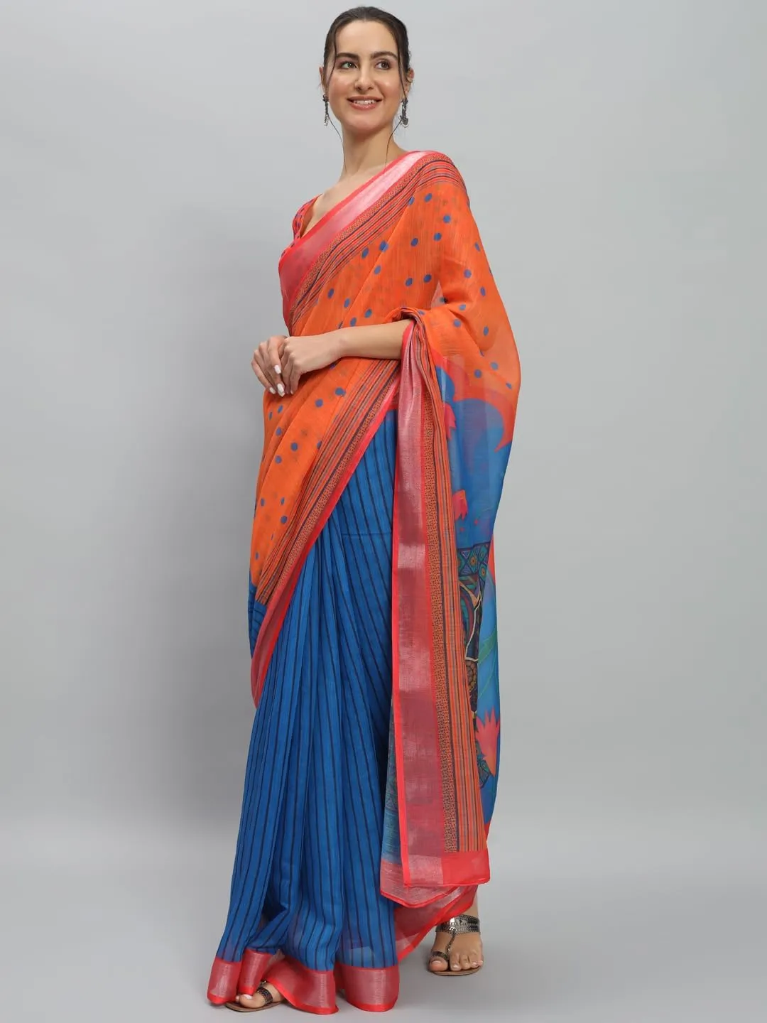Art Face Prints Handloom Linen Cotton Ready To Wear Saree