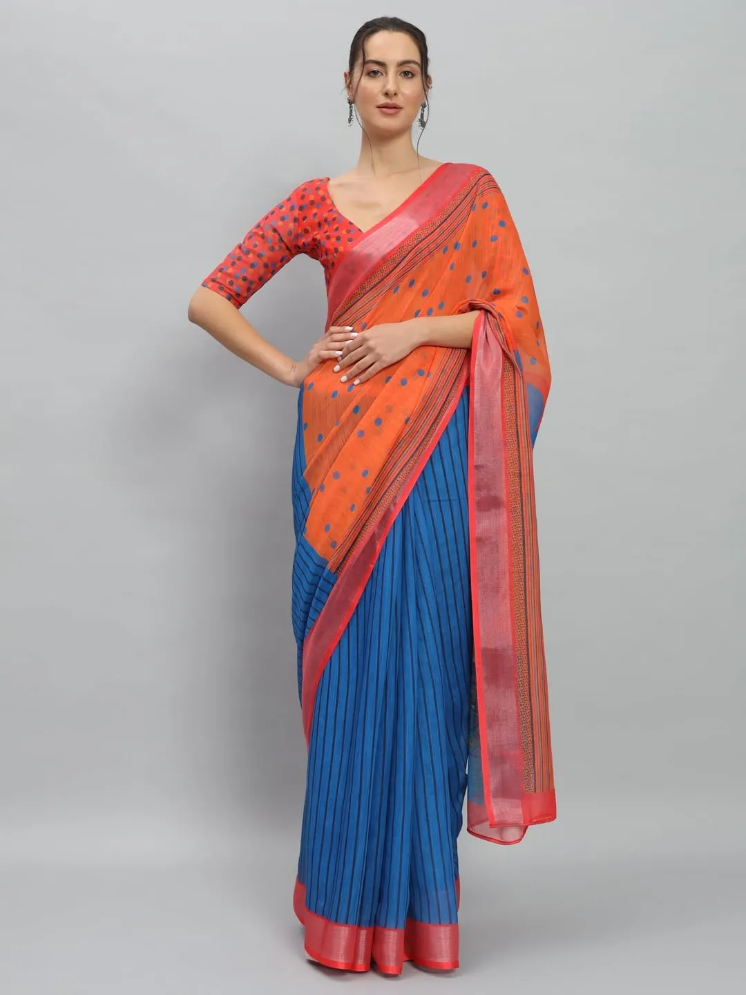 Art Face Prints Handloom Linen Cotton Ready To Wear Saree