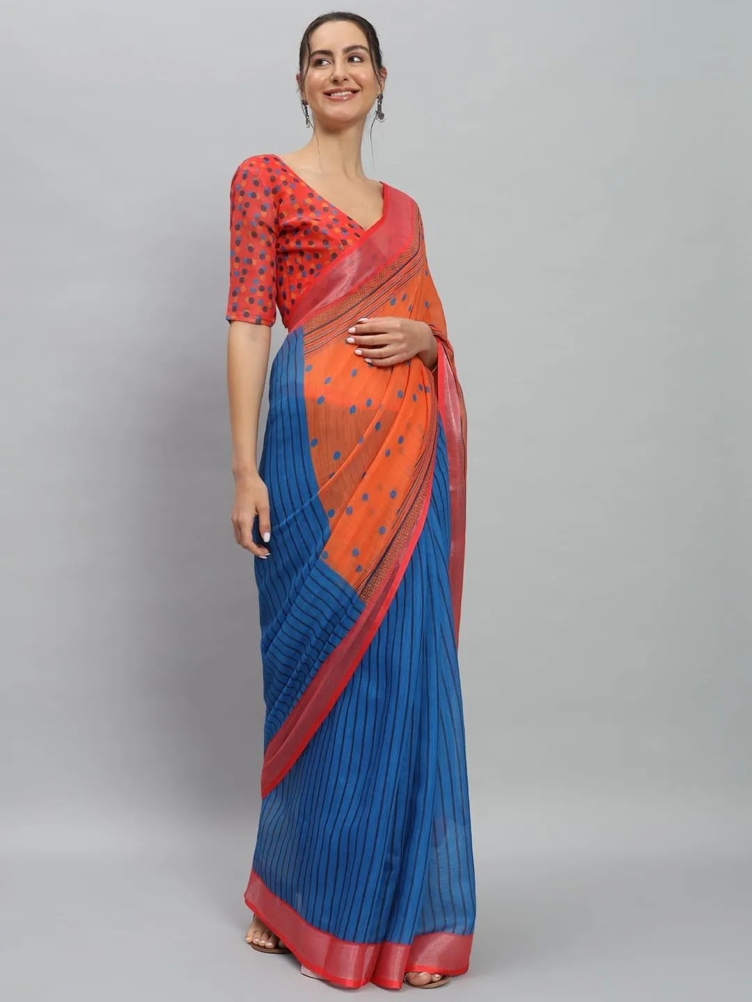 Art Face Prints Handloom Linen Cotton Ready To Wear Saree