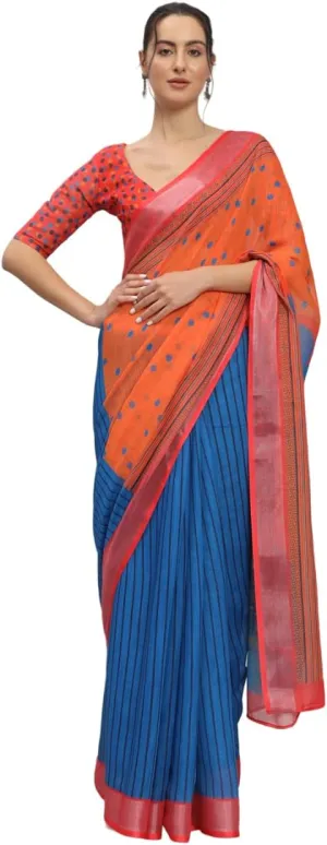 Art Face Prints Handloom Linen Cotton Ready To Wear Saree