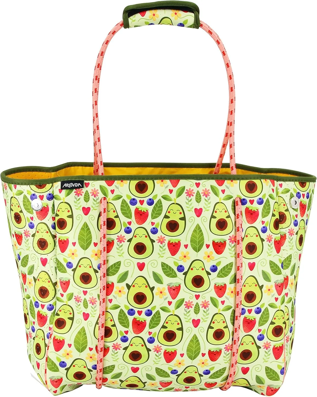 Artists Collective Beach Bag Premium Extra Large Neoprene Lunch Bag Purse with Inner Zipper Pocket and Removable Board - Design by Elizabeth Frederiksson (Sweden) Happy Avocado - Beach Bag