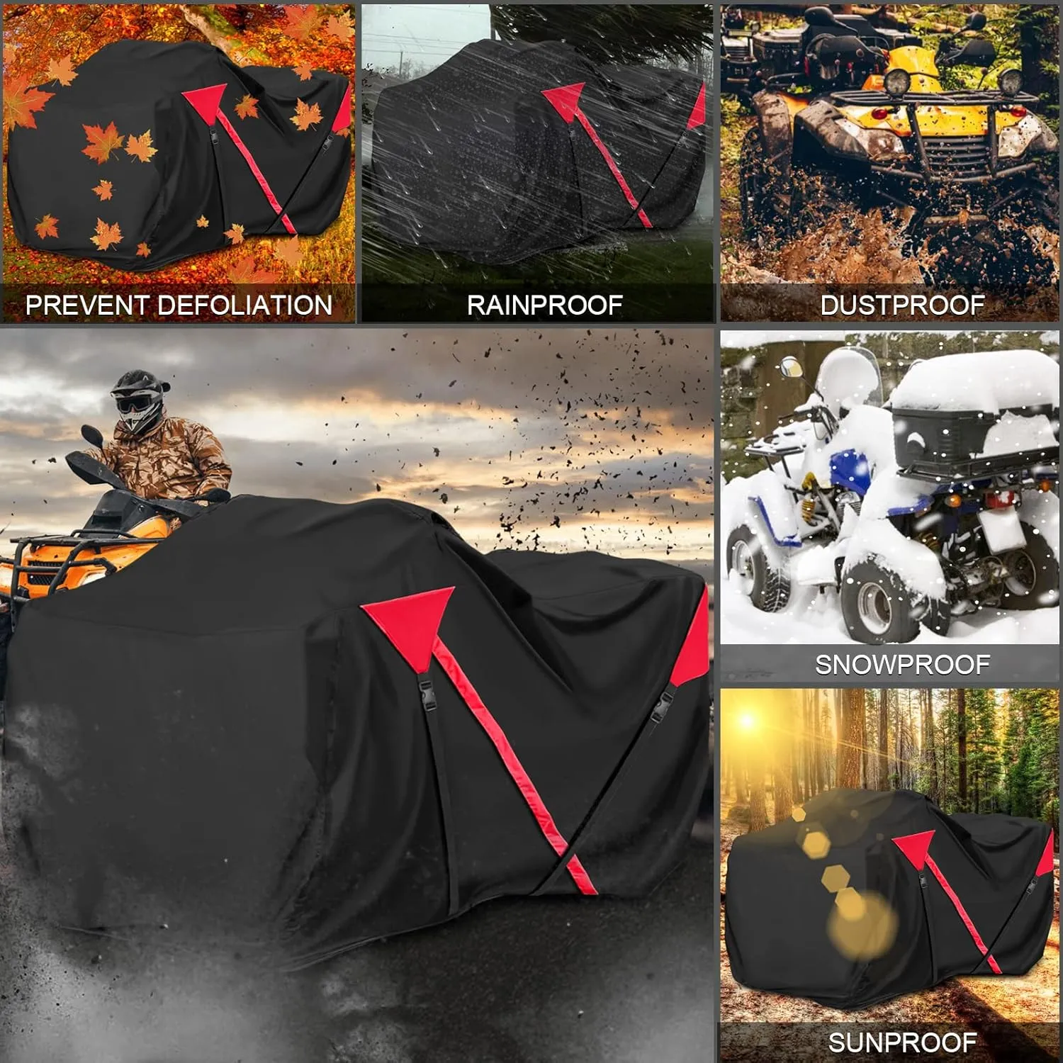 ATV Cover Waterproof, Quad Covers with Unique Zipper & Heavy Duty Windproof Buckle, All Weather Protection 4 Wheeler Covers fit for Kawasaki, Honda, Polaris, Yamaha, 103''(Black&Red)