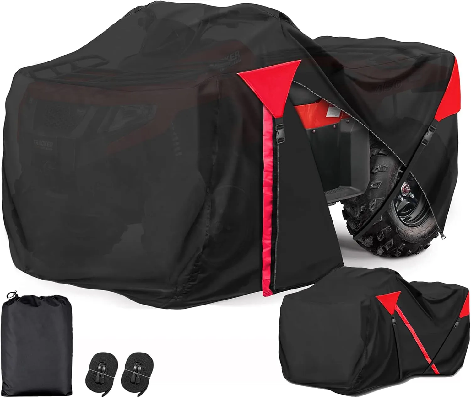 ATV Cover Waterproof, Quad Covers with Unique Zipper & Heavy Duty Windproof Buckle, All Weather Protection 4 Wheeler Covers fit for Kawasaki, Honda, Polaris, Yamaha, 103''(Black&Red)