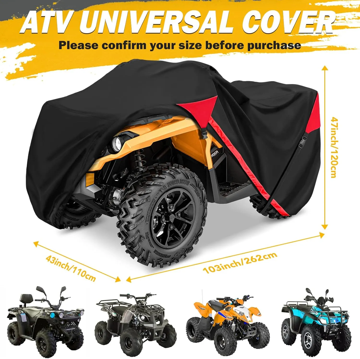 ATV Cover Waterproof, Quad Covers with Unique Zipper & Heavy Duty Windproof Buckle, All Weather Protection 4 Wheeler Covers fit for Kawasaki, Honda, Polaris, Yamaha, 103''(Black&Red)