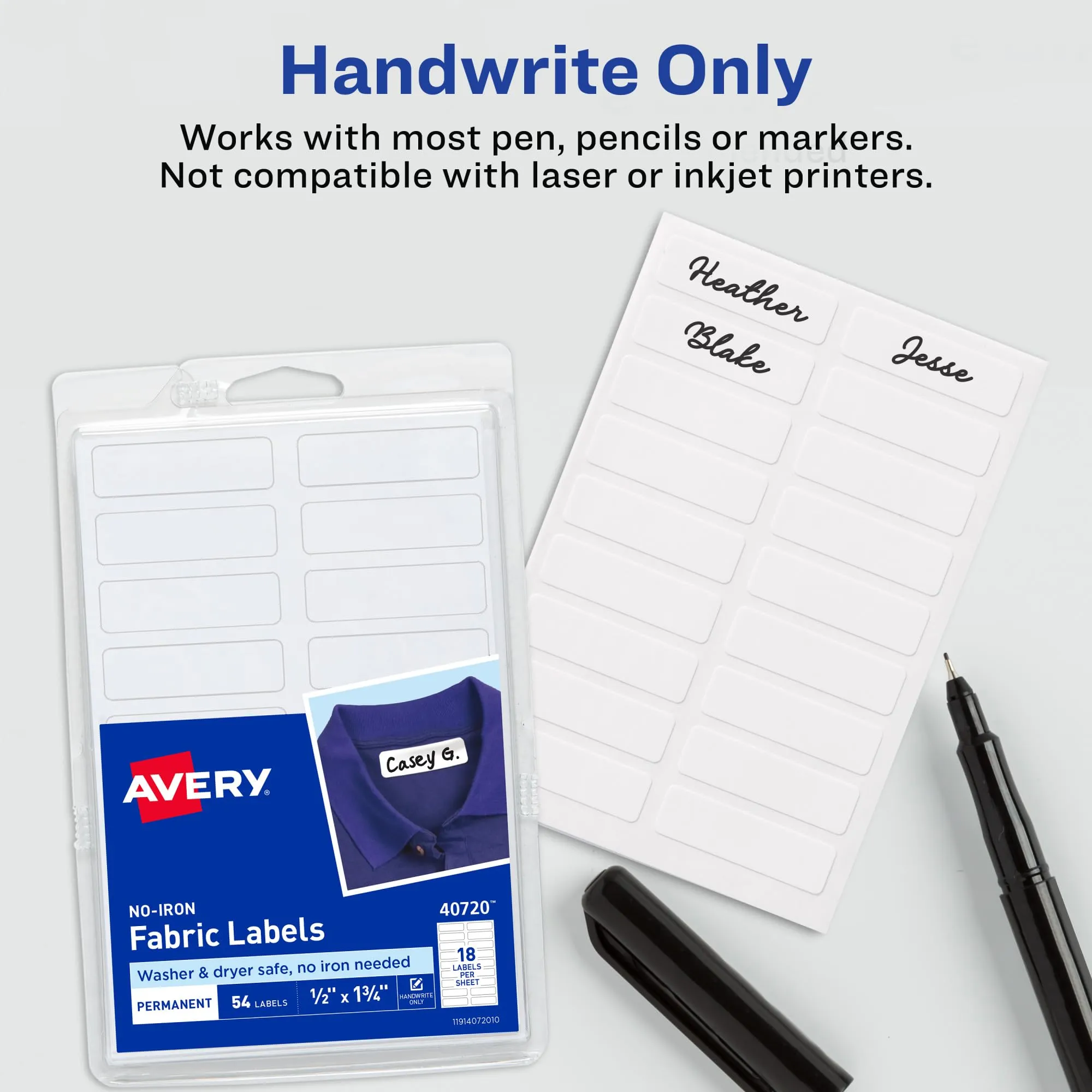 AVERY | No-Iron Fabric Labels, Washer & Dryer Safe, Handwrite (54 Labels)
