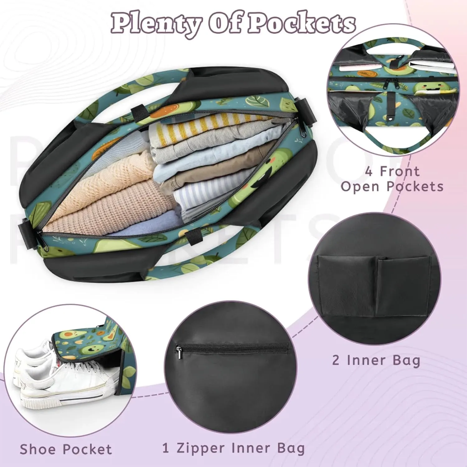Avocado Whimsical Blend Waterproof Gym Bag for Men Women, Sports Duffel Bag with Shoe Compartment Yoga Mat Holder, Portable Large Travel Bag for Fitness, Camping, Weekend Trips