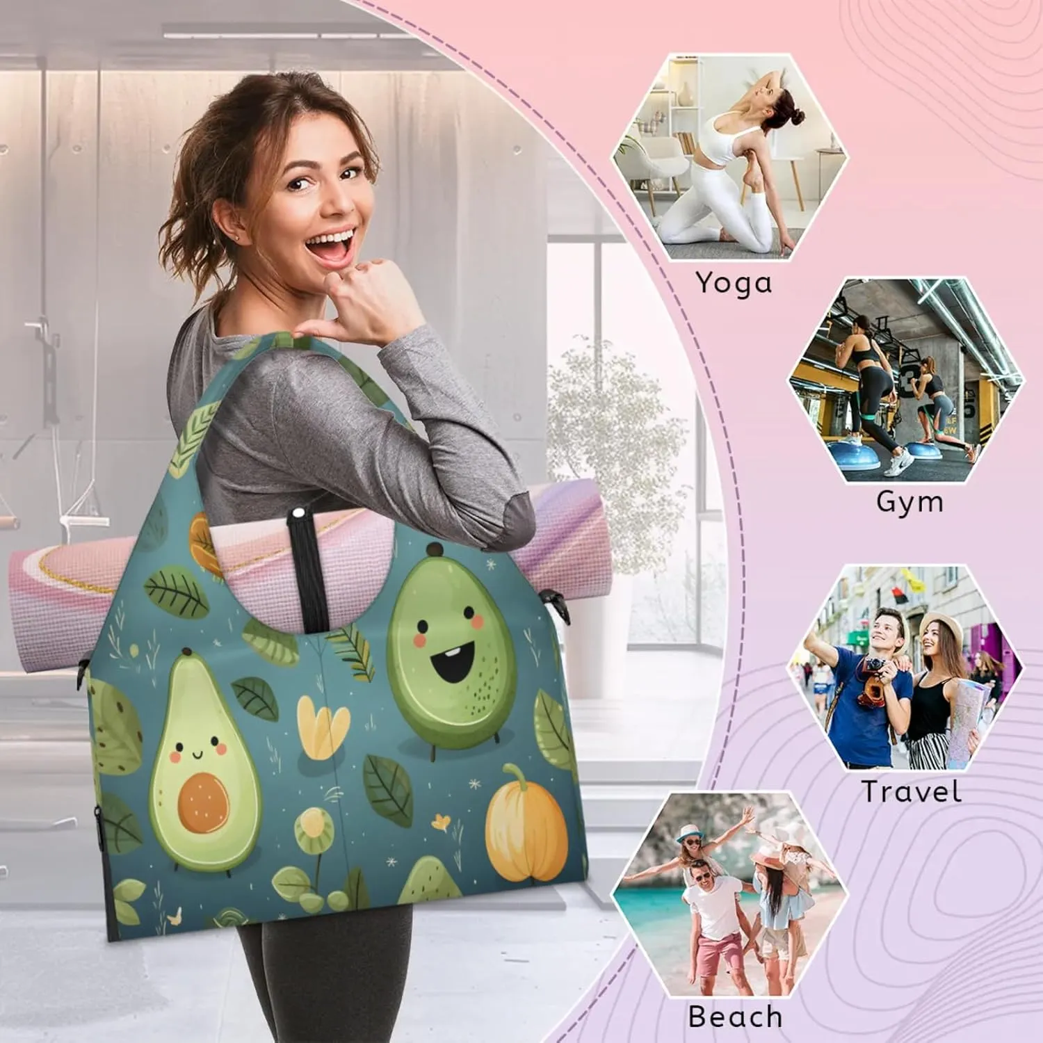 Avocado Whimsical Blend Waterproof Gym Bag for Men Women, Sports Duffel Bag with Shoe Compartment Yoga Mat Holder, Portable Large Travel Bag for Fitness, Camping, Weekend Trips