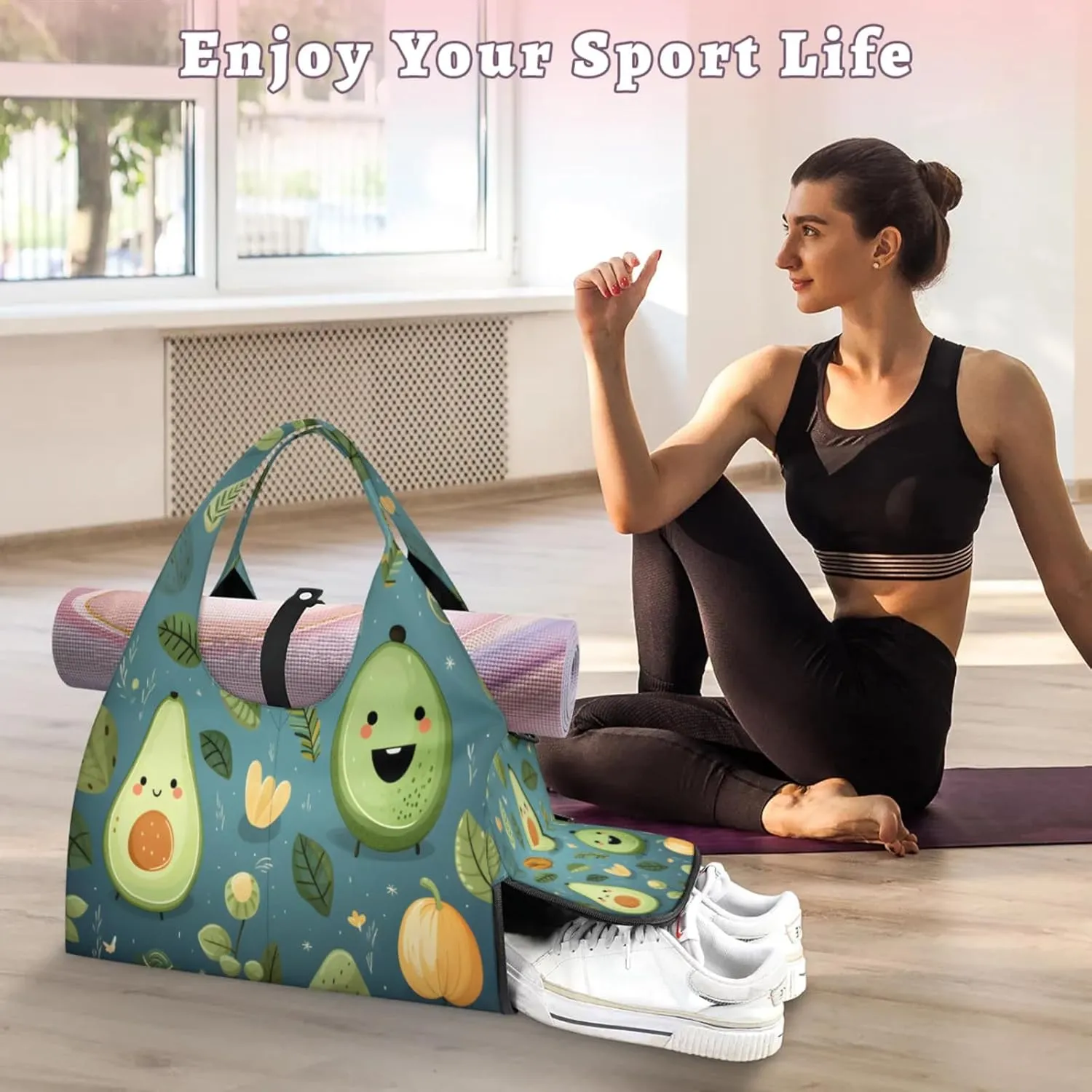 Avocado Whimsical Blend Waterproof Gym Bag for Men Women, Sports Duffel Bag with Shoe Compartment Yoga Mat Holder, Portable Large Travel Bag for Fitness, Camping, Weekend Trips
