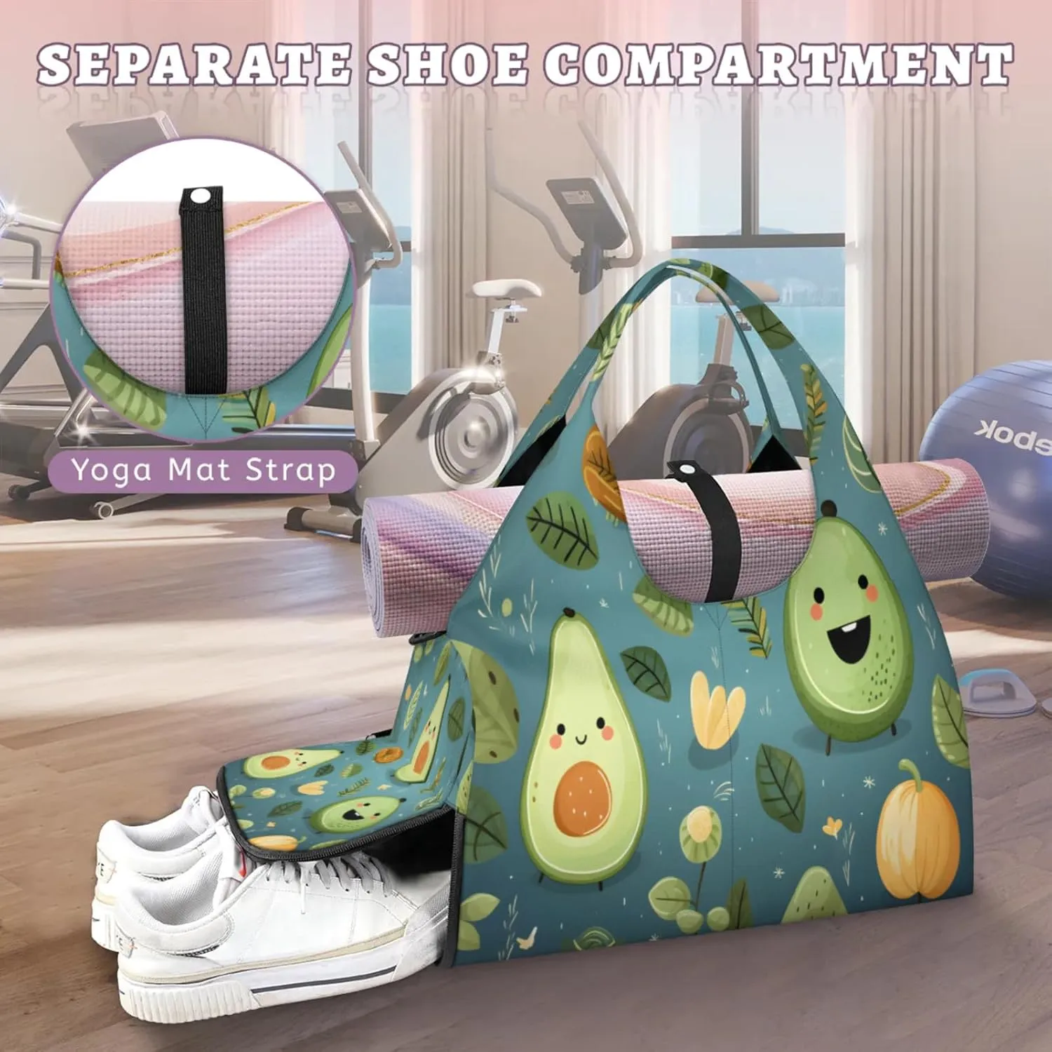Avocado Whimsical Blend Waterproof Gym Bag for Men Women, Sports Duffel Bag with Shoe Compartment Yoga Mat Holder, Portable Large Travel Bag for Fitness, Camping, Weekend Trips