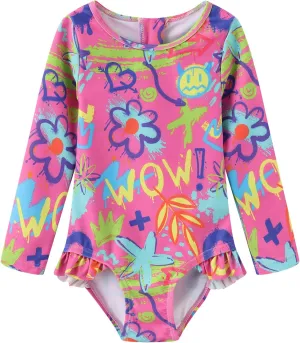 Baby and Toddler Girls One Piece Rash Guard Swimsuits for Girls Long Sleeve Swim Shirts with Sun Protection