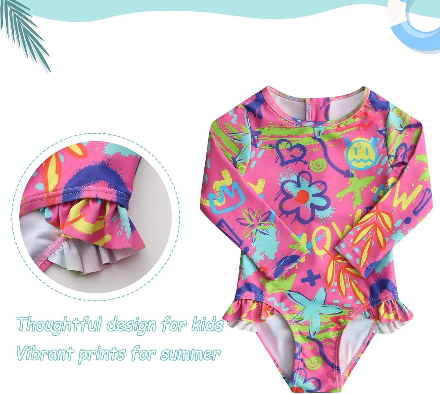 Baby and Toddler Girls One Piece Rash Guard Swimsuits for Girls Long Sleeve Swim Shirts with Sun Protection