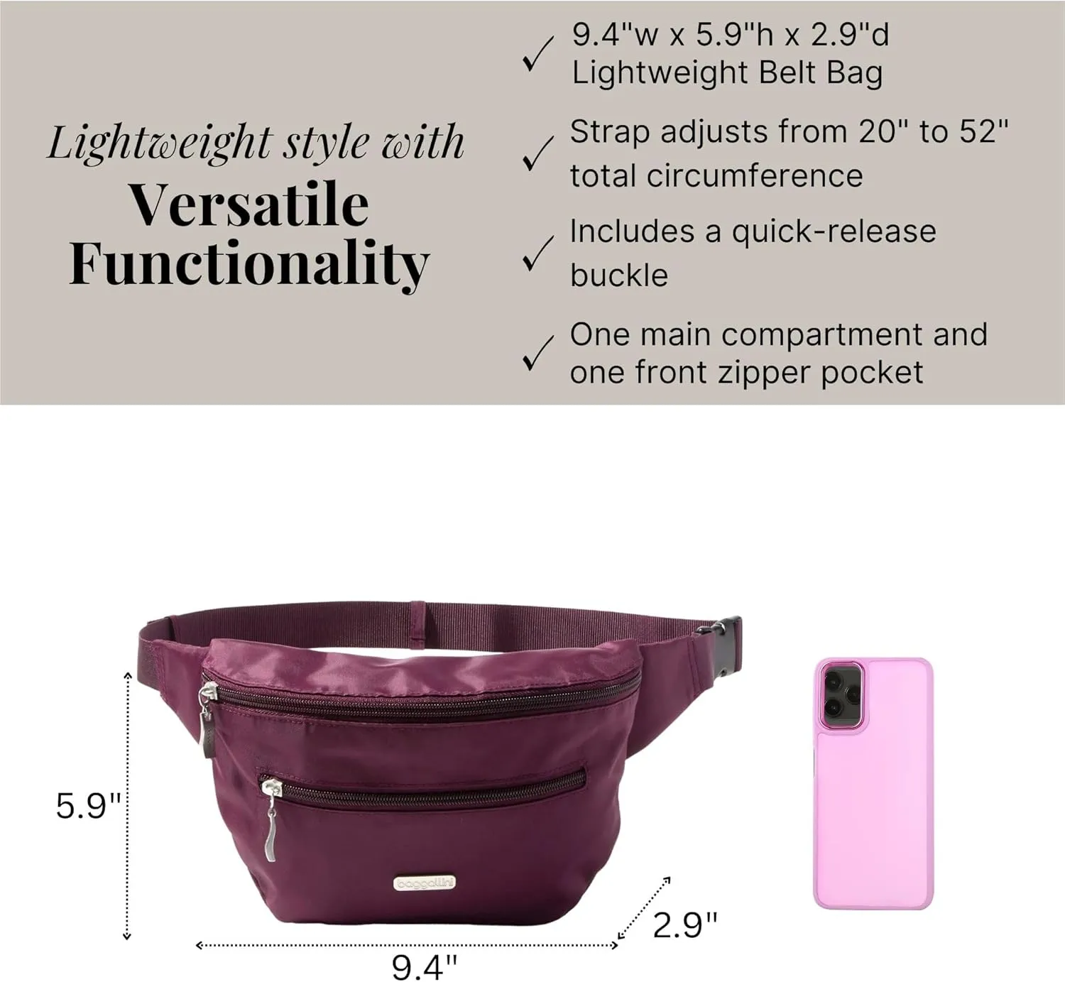 Baggallini Essential Belt Bag-9x6 Crossbody Fanny Waist Pack W/RFID & Adjustable Strap