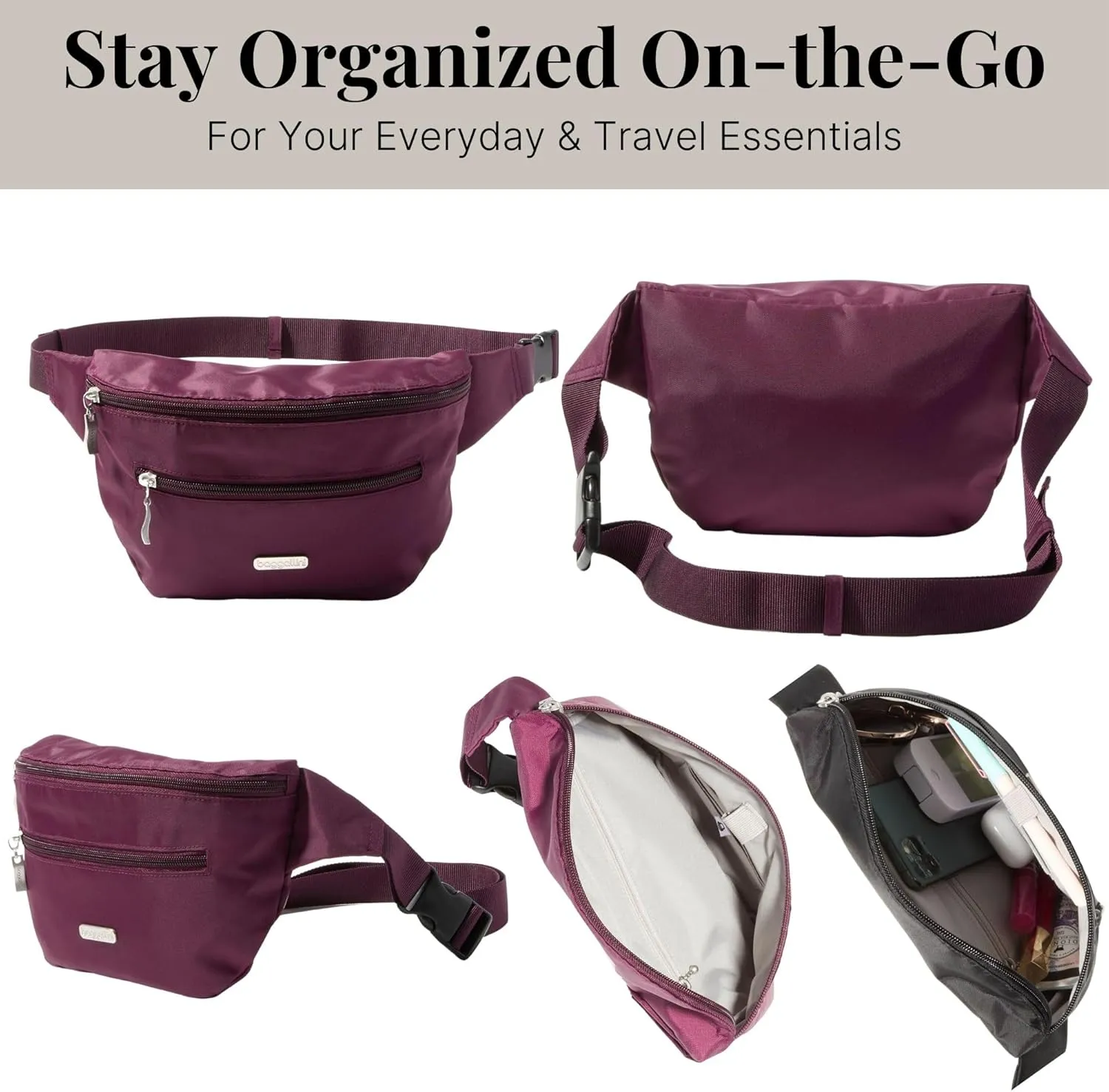 Baggallini Essential Belt Bag-9x6 Crossbody Fanny Waist Pack W/RFID & Adjustable Strap