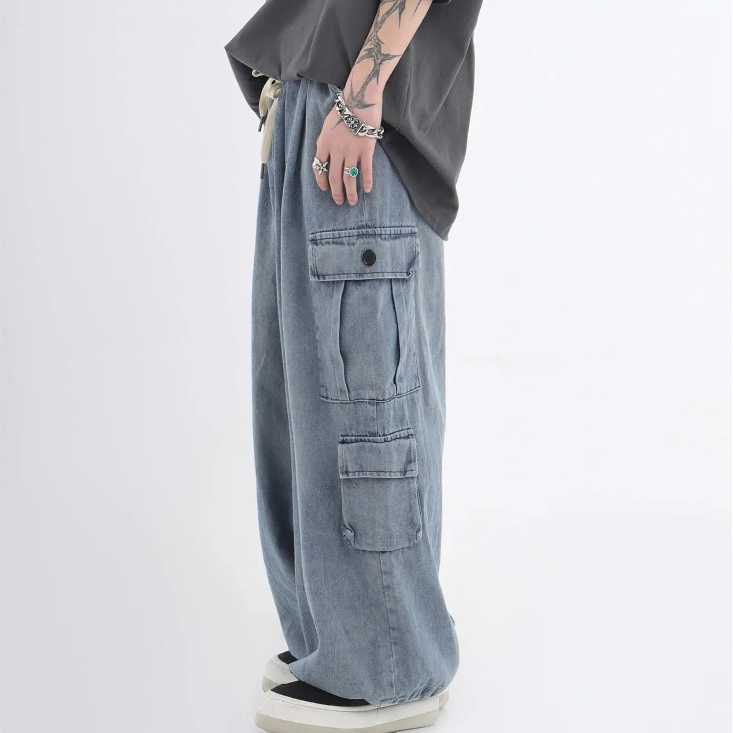 Baggy Jeans for Women Mens Grunge Wide Leg Cargo Jeans Y2K Emo Pants Parachute Streetwear Vintage Drawstring Pants