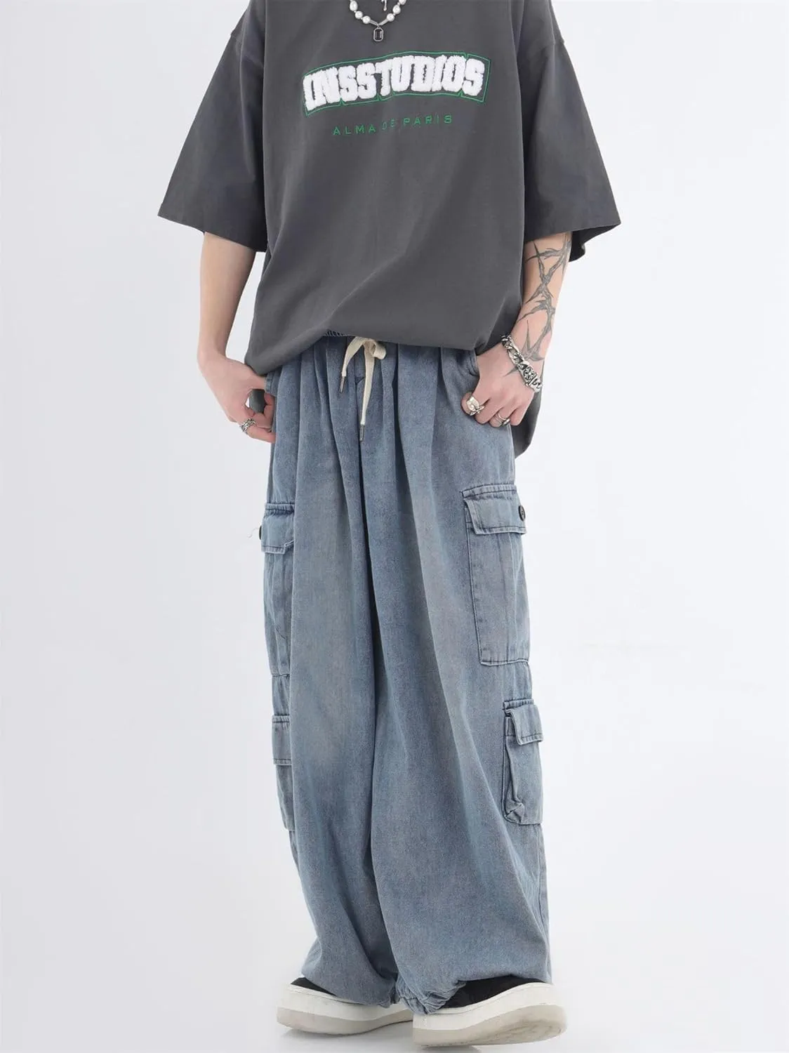 Baggy Jeans for Women Mens Grunge Wide Leg Cargo Jeans Y2K Emo Pants Parachute Streetwear Vintage Drawstring Pants
