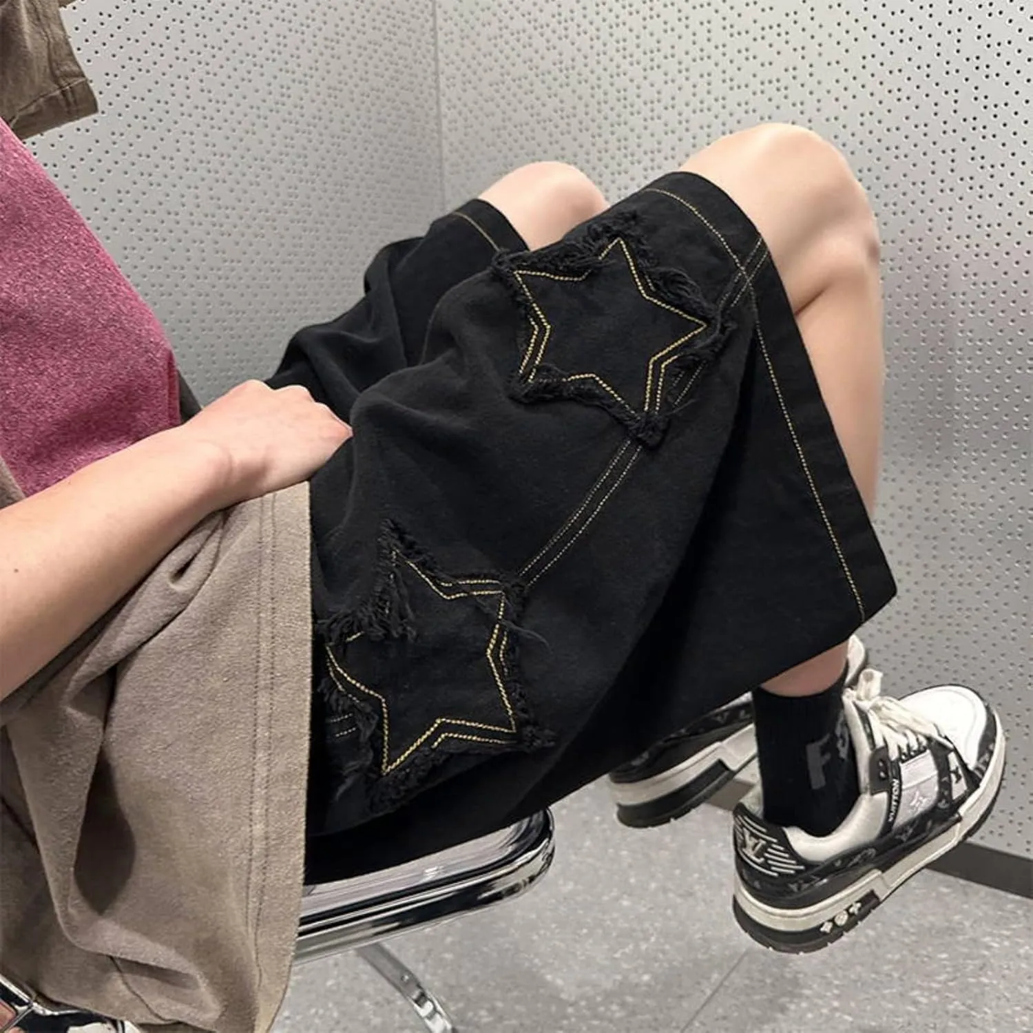 Baggy Jorts Y2K - Unisex Wash Star Jean Shorts Men Mid Thigh Denim Shorts Women, Casual Loose Fit Streetwear