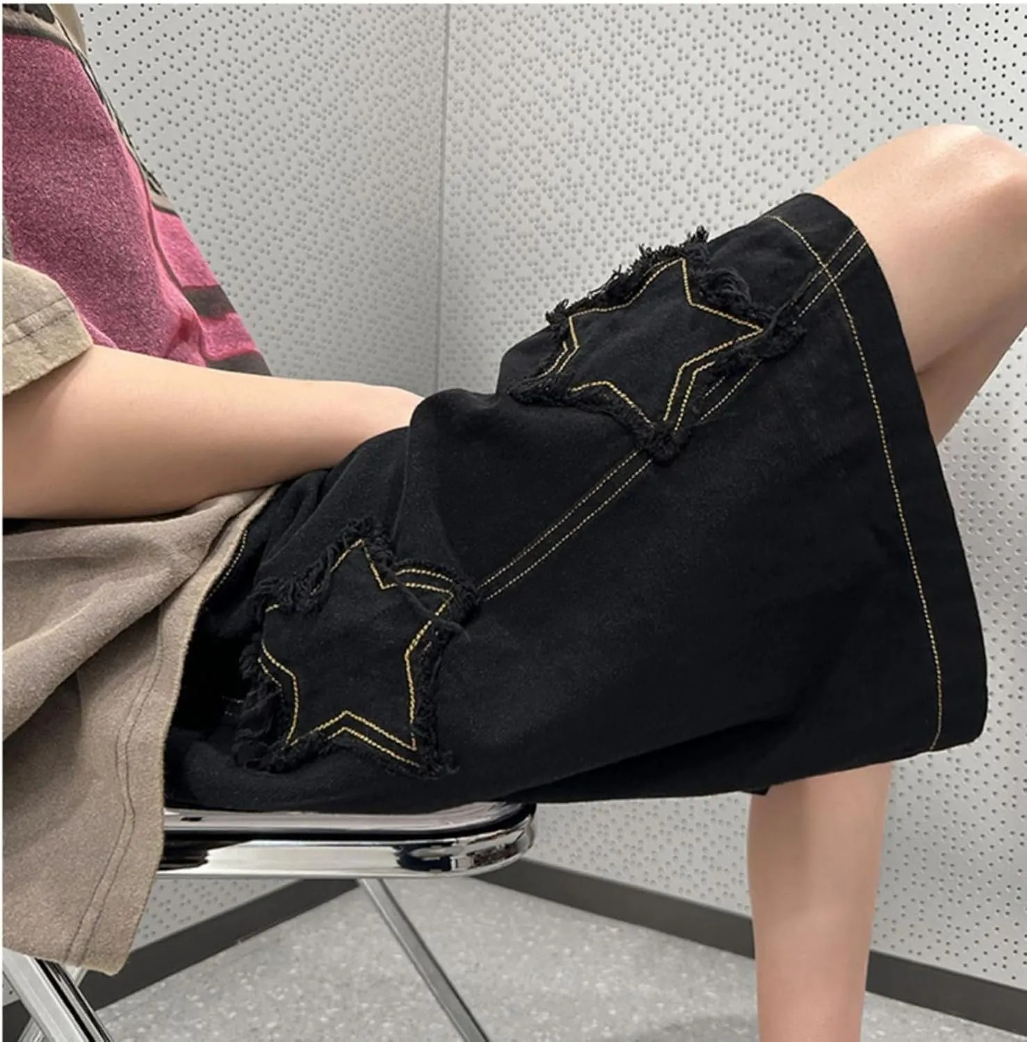 Baggy Jorts Y2K - Unisex Wash Star Jean Shorts Men Mid Thigh Denim Shorts Women, Casual Loose Fit Streetwear