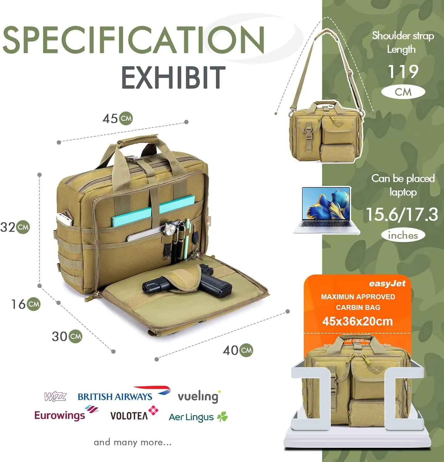 BAGZY Tactical Laptop Bag for Men Multifunctional Tactical Briefcase, Men's Military Messenger Bag 14/15.6/17.3 Inch