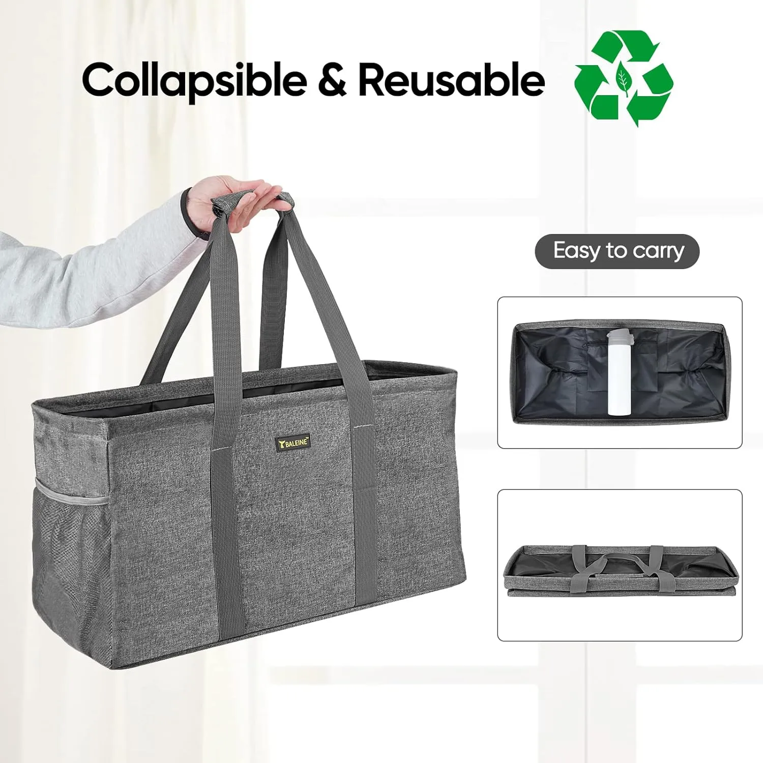 BALEINE Extra Large Utility Tote Bag with Wire Frame for Storage (Gray, 22''x12''x10'')