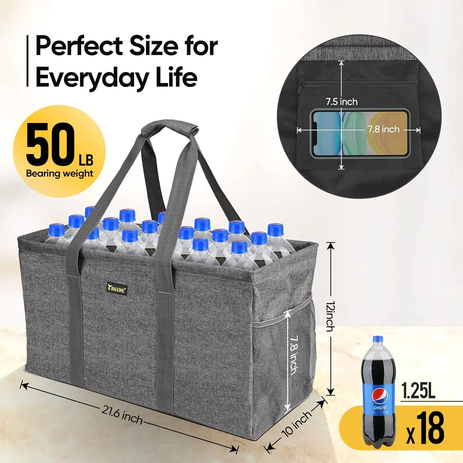 BALEINE Extra Large Utility Tote Bag with Wire Frame for Storage (Gray, 22''x12''x10'')