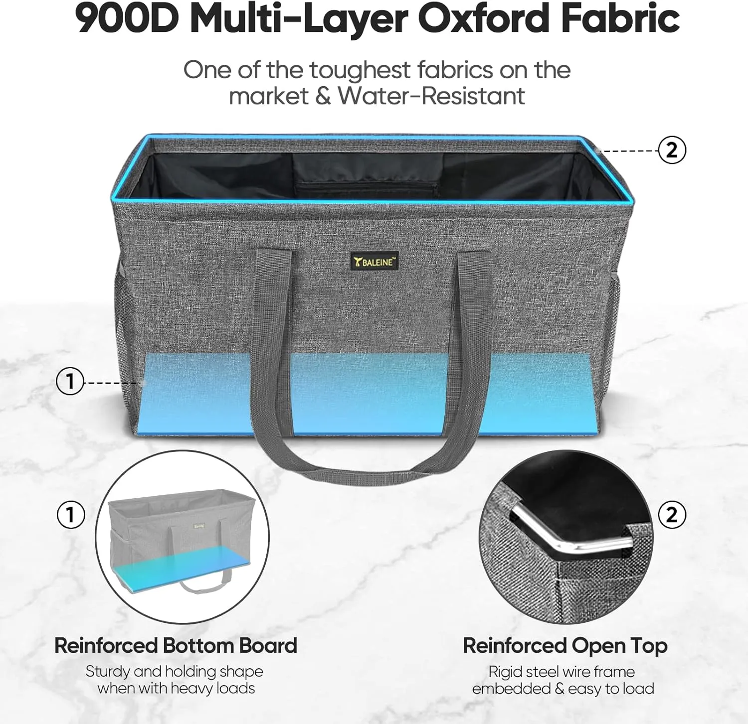 BALEINE Extra Large Utility Tote Bag with Wire Frame for Storage (Gray, 22''x12''x10'')