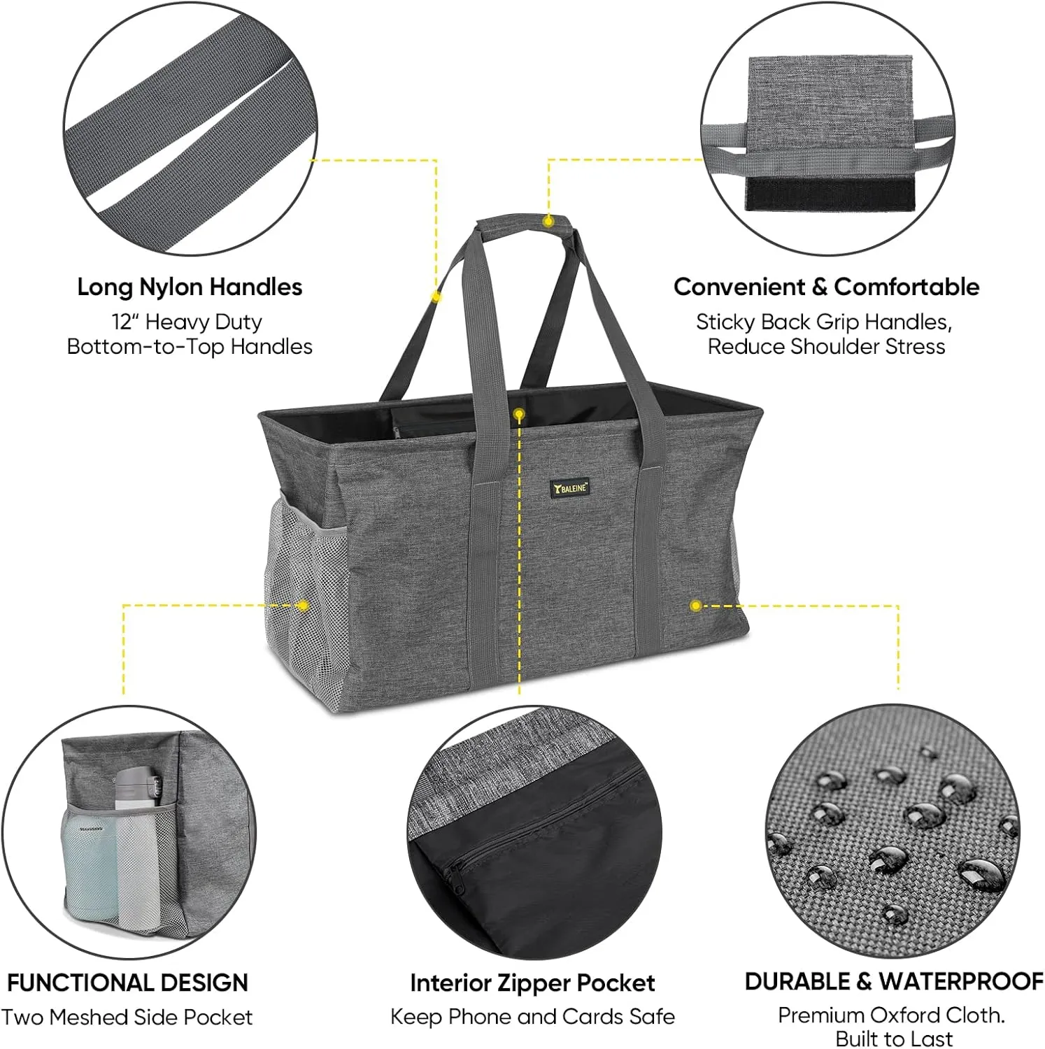 BALEINE Extra Large Utility Tote Bag with Wire Frame for Storage (Gray, 22''x12''x10'')