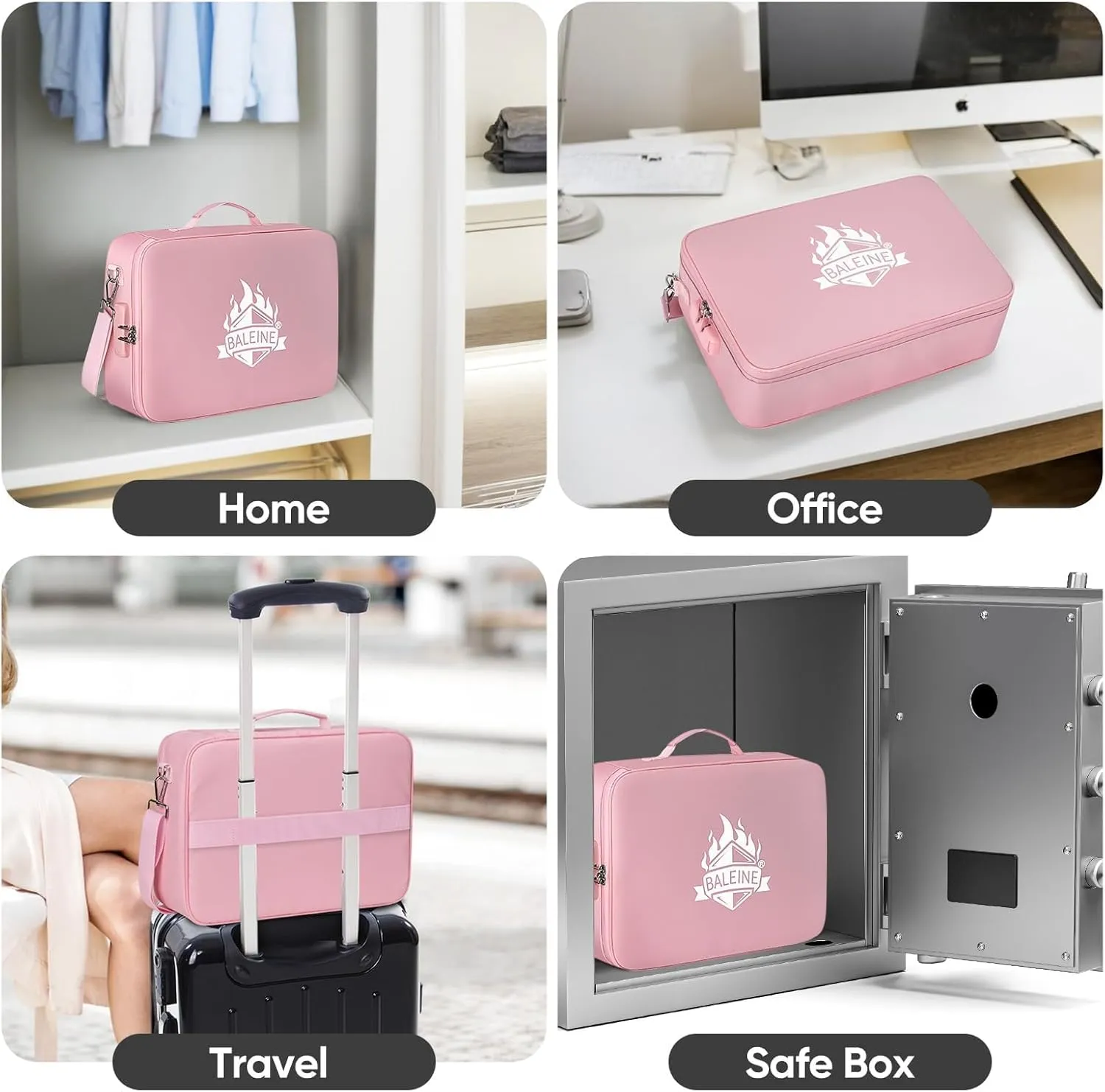 BALEINE Fireproof Document Box with Lock, Portable Fireproof Document Bag Waterproof Fire Proof File Boxes for Documents, File Organizer Box for Important Paperwork (Pink, 15''x11''x4'')