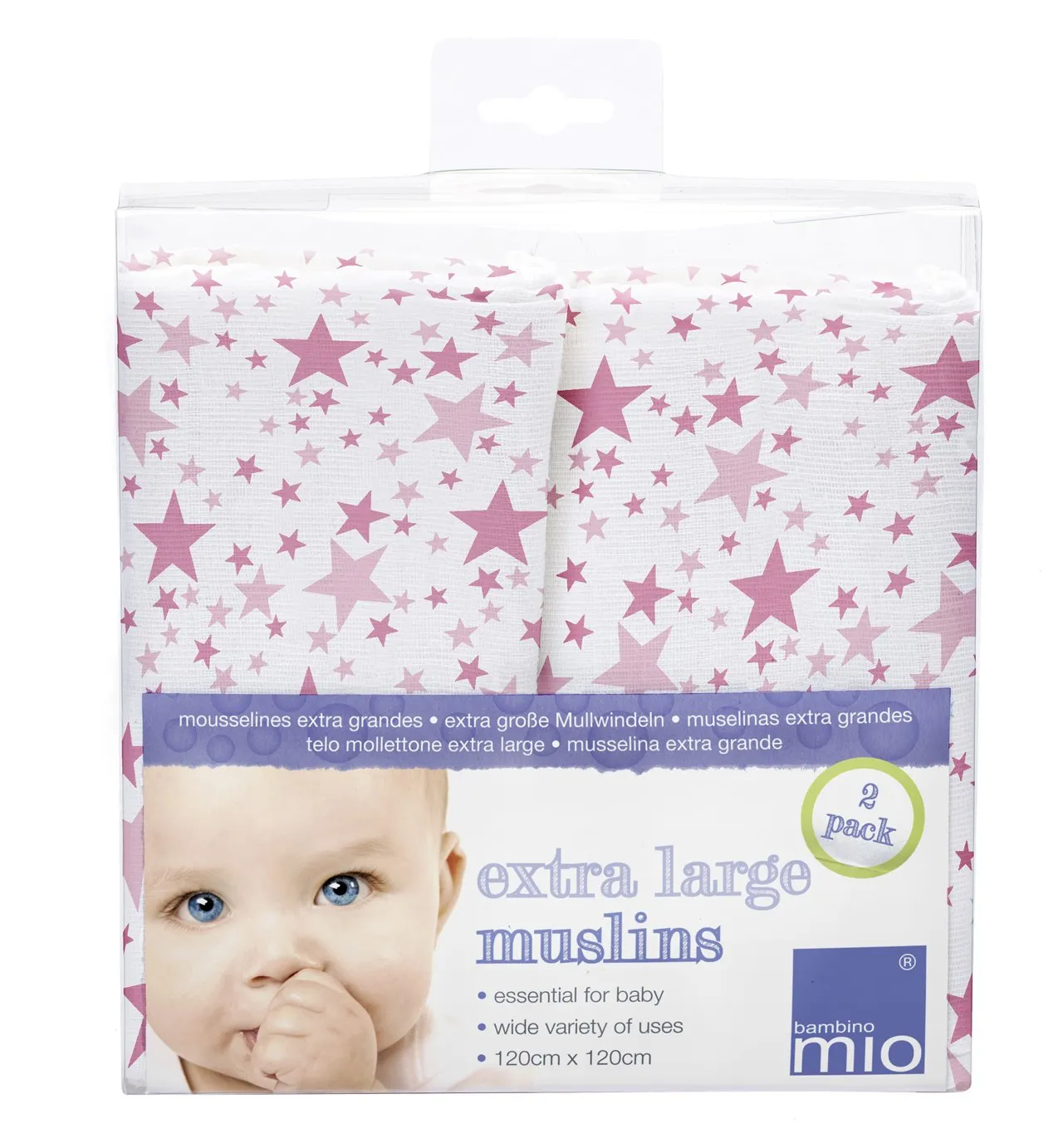 Bambino Mio, Extra Large Muslin Squares, 47in x 47in, Pink Stars, 2 Pack