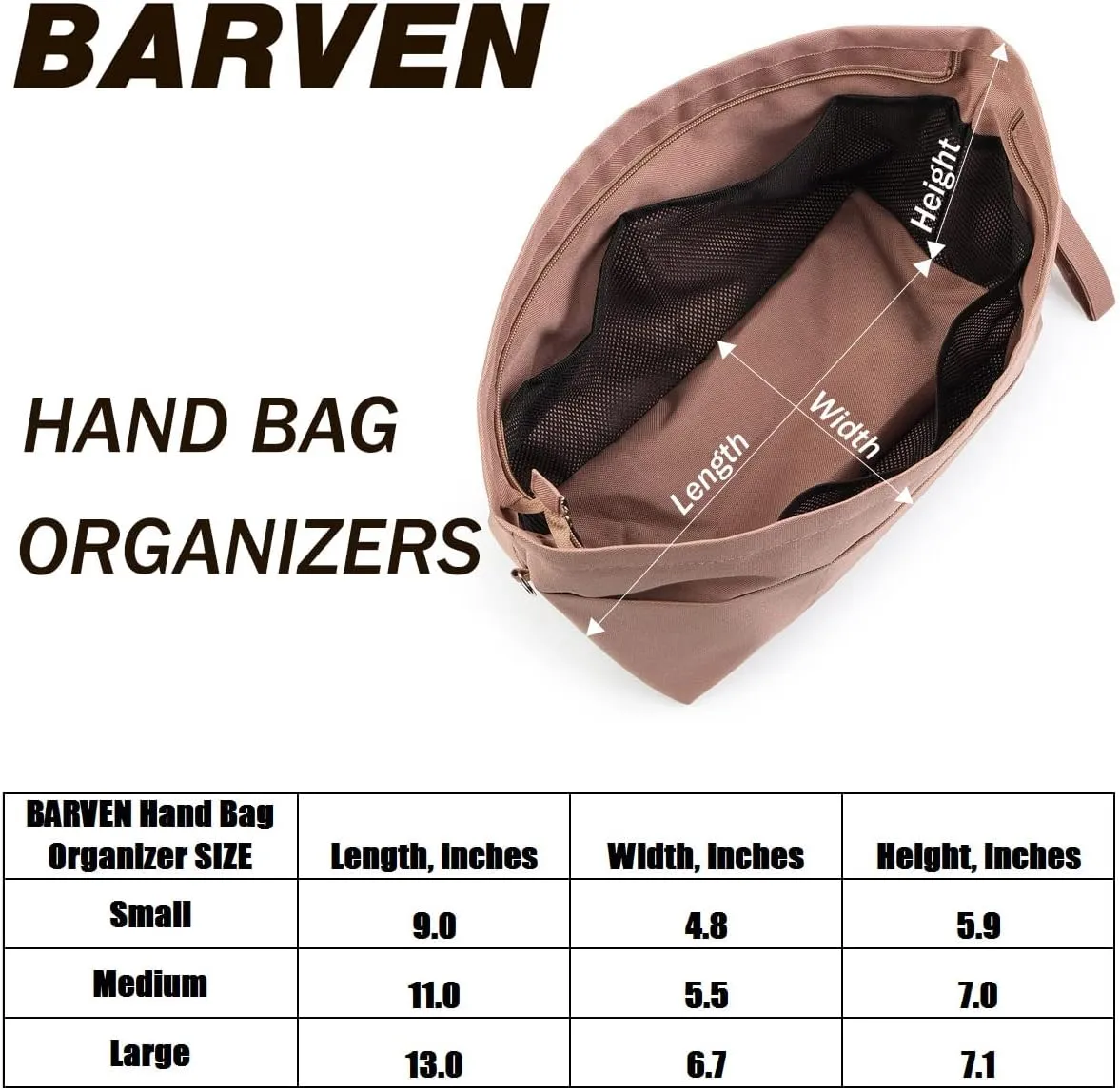 BARVEN Purse Oxford Organizer Insert for Handbag Repels Dirt Sturdy Durable Bag Organizer with Zipper 10 Pockets for Speedy and Neverfull (Beige, Large)