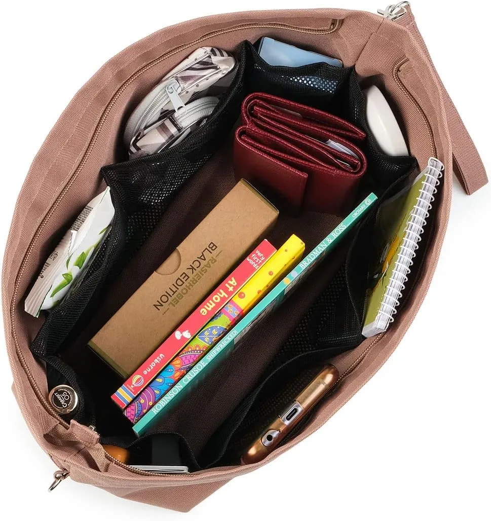 BARVEN Purse Oxford Organizer Insert for Handbag Repels Dirt Sturdy Durable Bag Organizer with Zipper 10 Pockets for Speedy and Neverfull (Beige, Large)