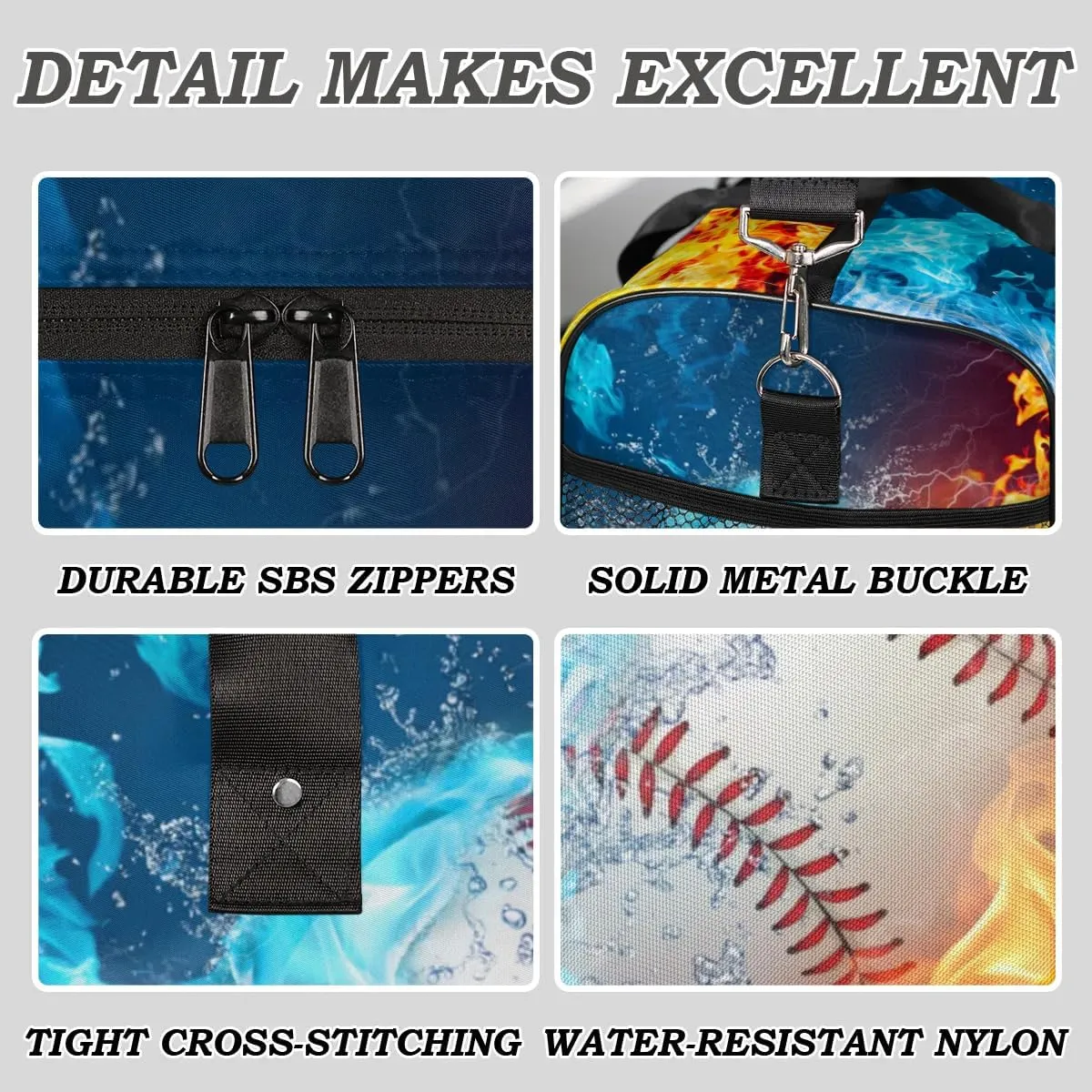 Baseball Small Gym Bags for Men Women Cool Baseball Water Fire Lightweight Workout Sport Duffle Bag Carry On Overnight Weekender Tote Athletic Travel Duffel Bags