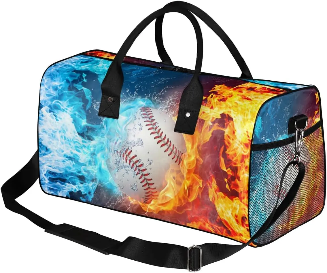 Baseball Small Gym Bags for Men Women Cool Baseball Water Fire Lightweight Workout Sport Duffle Bag Carry On Overnight Weekender Tote Athletic Travel Duffel Bags