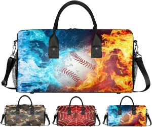Baseball Small Gym Bags for Men Women Cool Baseball Water Fire Lightweight Workout Sport Duffle Bag Carry On Overnight Weekender Tote Athletic Travel Duffel Bags