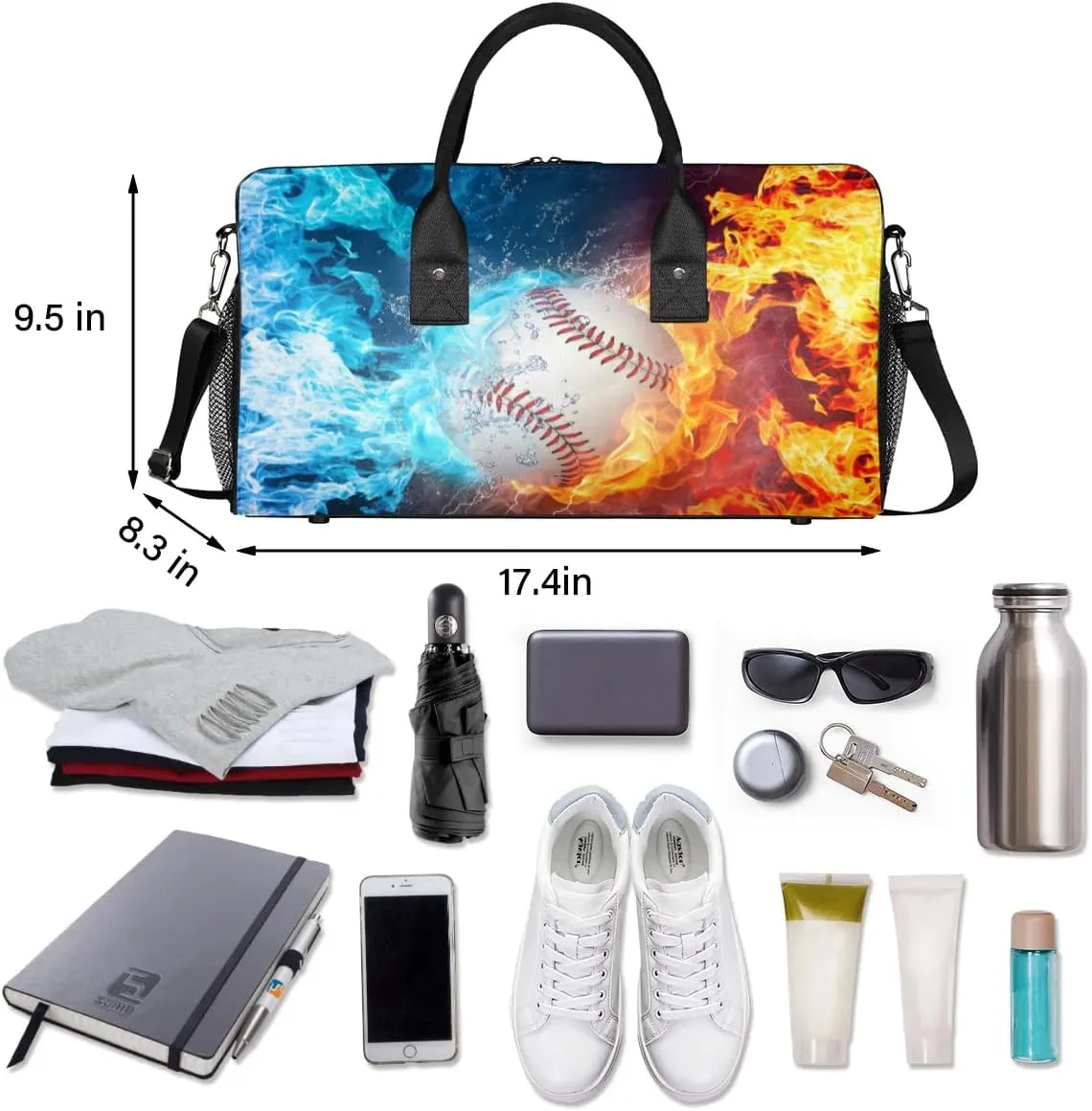 Baseball Small Gym Bags for Men Women Cool Baseball Water Fire Lightweight Workout Sport Duffle Bag Carry On Overnight Weekender Tote Athletic Travel Duffel Bags