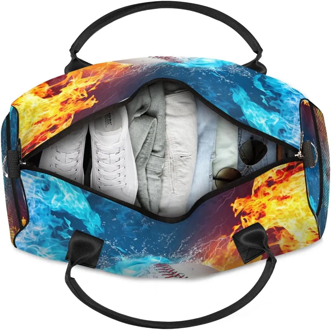 Baseball Small Gym Bags for Men Women Cool Baseball Water Fire Lightweight Workout Sport Duffle Bag Carry On Overnight Weekender Tote Athletic Travel Duffel Bags