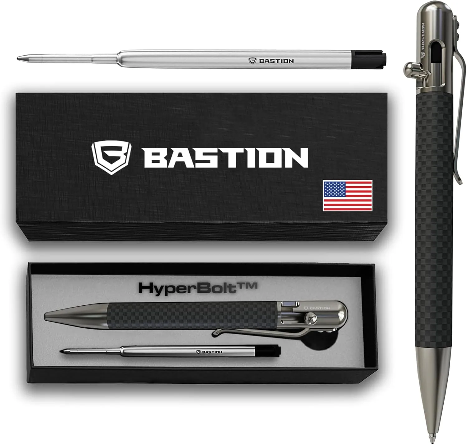 BASTION® Luxury Carbon Fiber Bolt Action Pen, Durable Professional Ballpoint Pen for Travel, School and Work Birthday Gift Idea - Stainless Steel