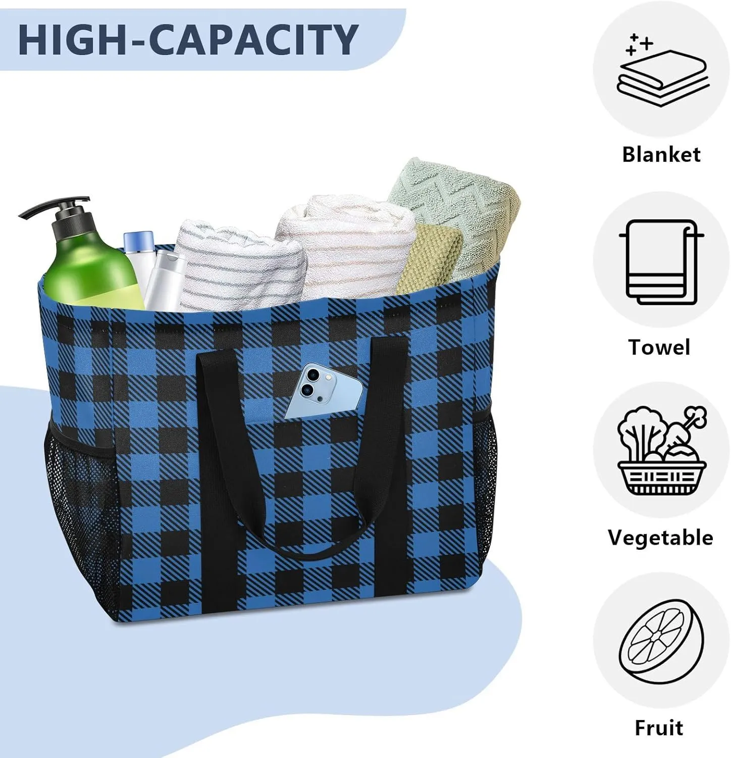 Beach Bag for Women Buffalo Plaid Check Red Sandproof Pool Bags Large Canvas Tote Bag with Pocket for Pool Travel Gym Beach