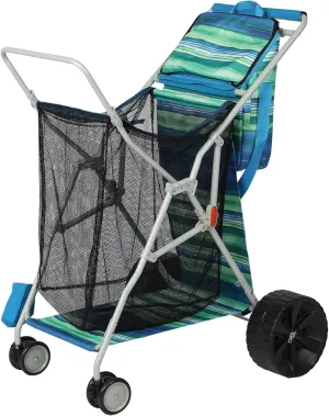 Beach Cart with Big Wheels for Sand, Folding All Terrain Wheels Beach Wagon with Cooler Bag Umbrella Holder, Big Mesh Storage Capacity for Outdoor Camping, Supports 100lbs, Blue/Green