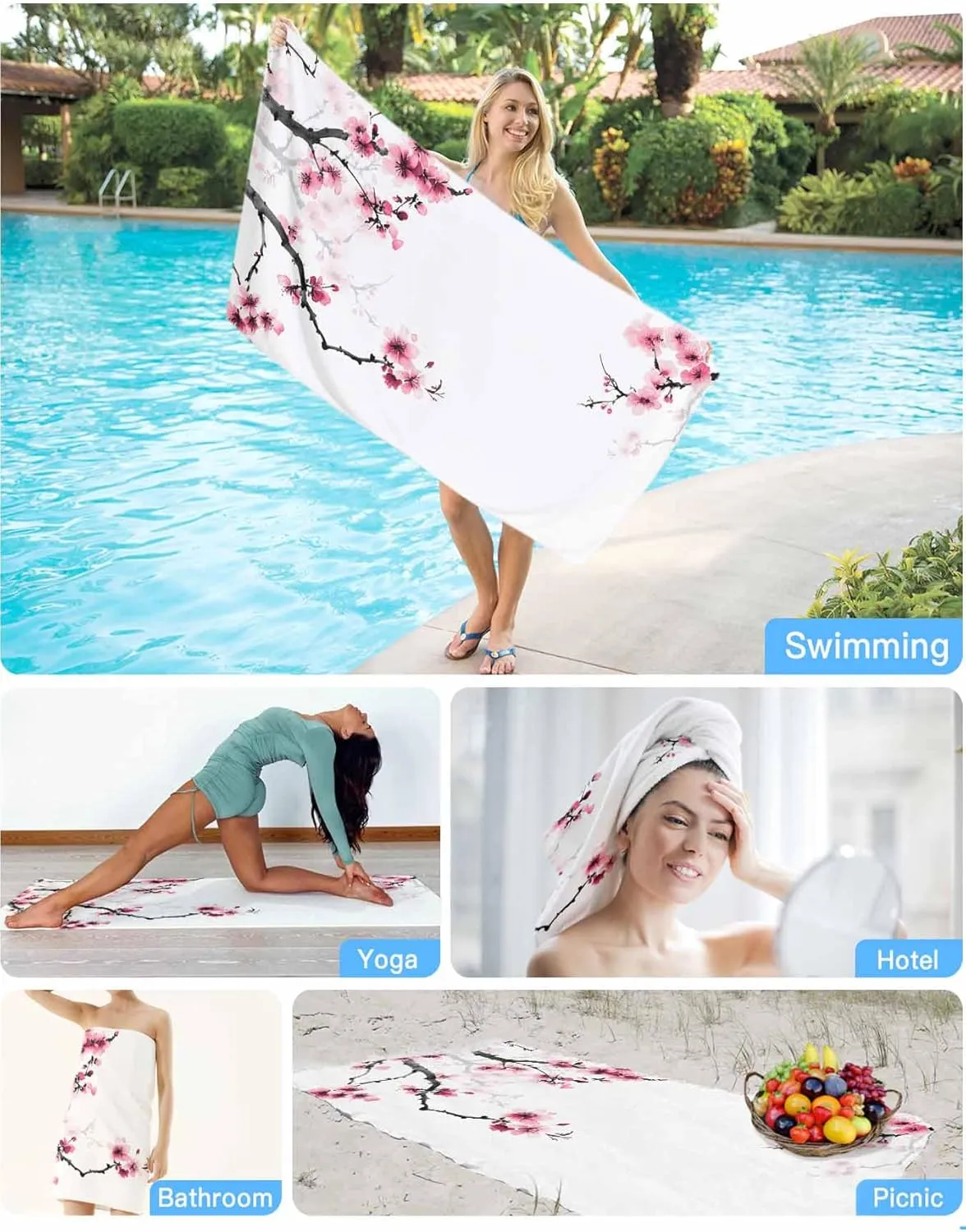 Beach Towel Extra Large, Retro Cherry Blossoms Modern Art Absorbent Beach Blanket for Pool Outdoor Travel 31"x63", Lightweight Compact and Foldable