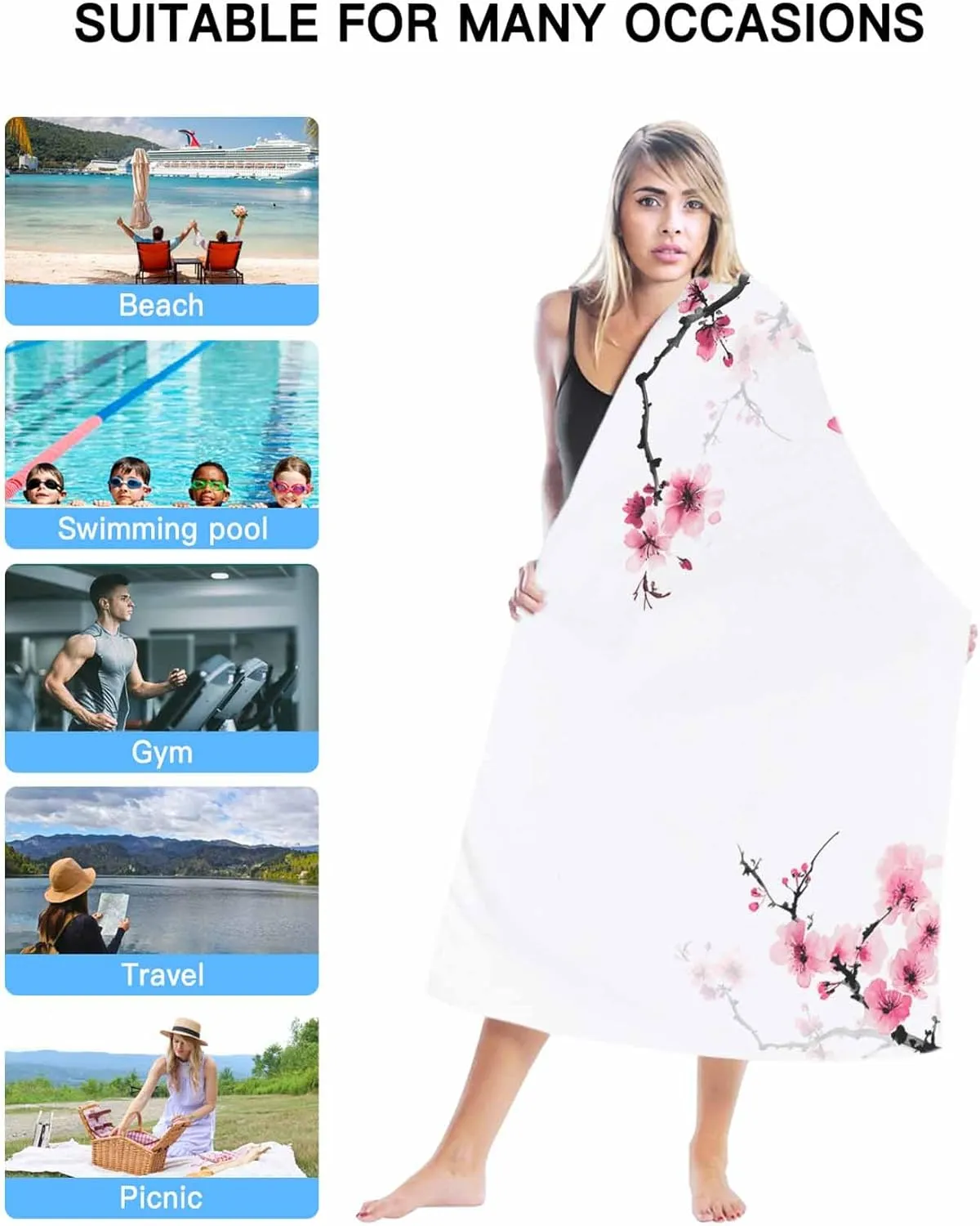 Beach Towel Extra Large, Retro Cherry Blossoms Modern Art Absorbent Beach Blanket for Pool Outdoor Travel 31"x63", Lightweight Compact and Foldable