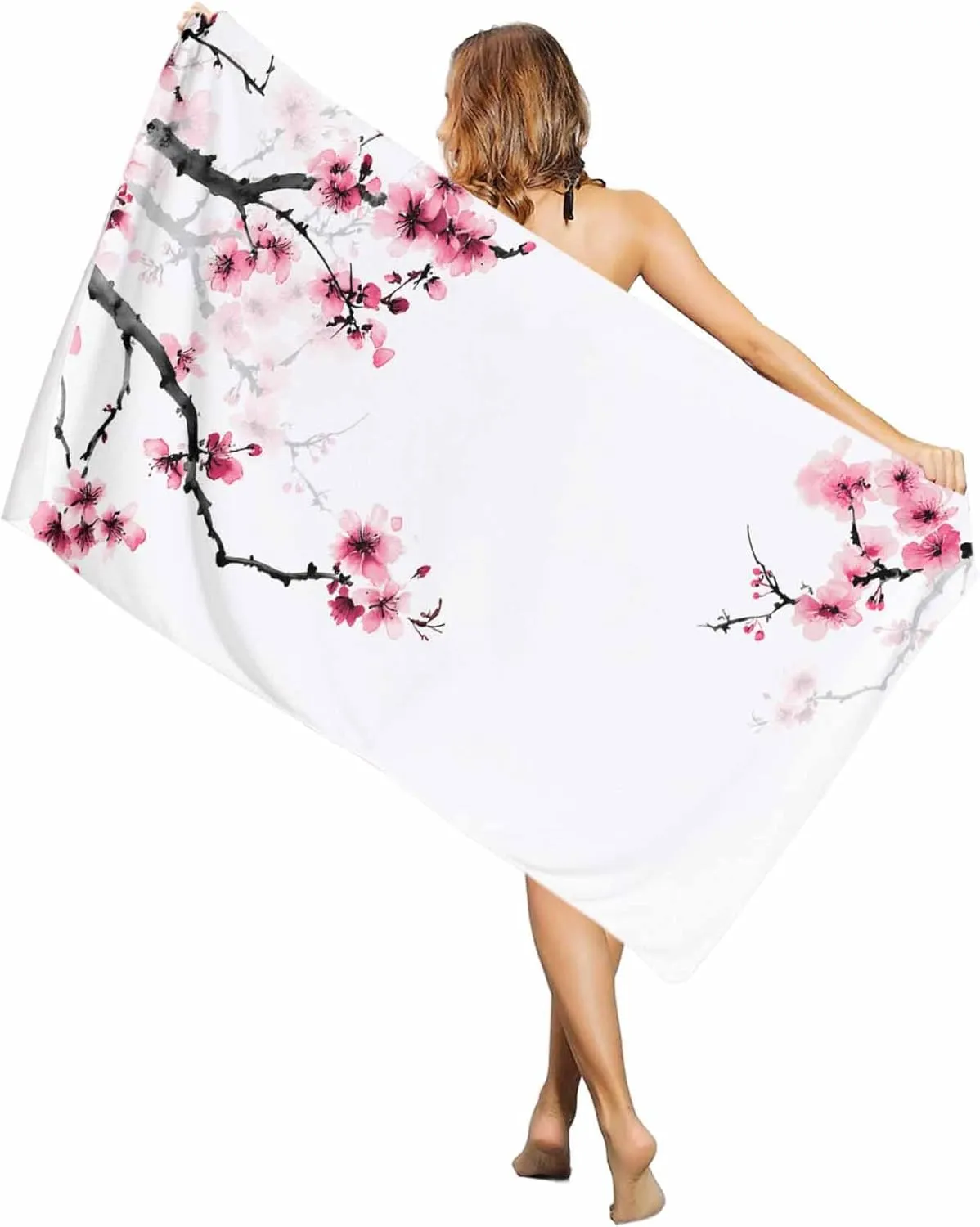 Beach Towel Extra Large, Retro Cherry Blossoms Modern Art Absorbent Beach Blanket for Pool Outdoor Travel 31"x63", Lightweight Compact and Foldable