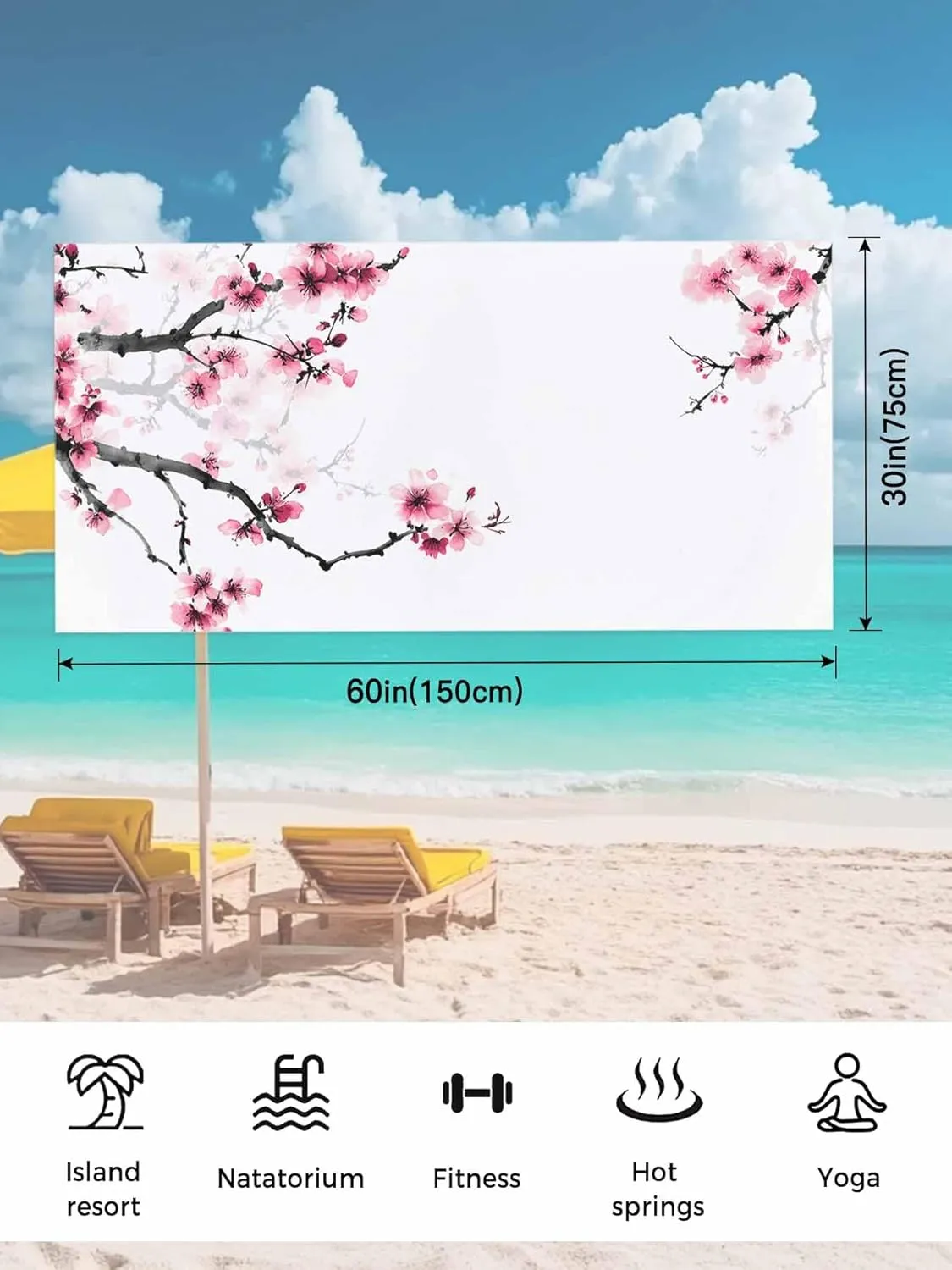 Beach Towel Extra Large, Retro Cherry Blossoms Modern Art Absorbent Beach Blanket for Pool Outdoor Travel 31"x63", Lightweight Compact and Foldable