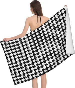 Beach Towels Black and White Houndstooth Bath Towels Super Soft Highly Absorbent Fast Drying Multipurpose Use for Bathroom Shower Sports Gym Camping Surfing Swimming