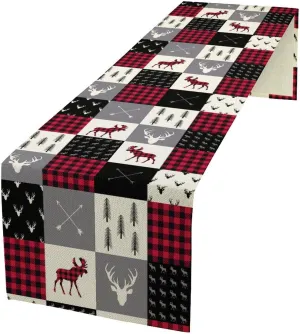 Bear Plaid Table Runner Vintage Rustic Wildlife Animal Forests Mountain Lake Country Cabin Camping Kitchen Dining Coffee Table Decoration for Home Party Decor 13x108inch