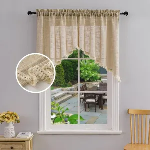 Beda Home Tassel Linen Textured Swag Curtain Valance for Farmhouses’ Kitchen; Light Filtering Rustic Short Swag Topper for Small Windows Bedroom Privacy Added Rod Pocket Design (Taupe 36x36-2PCs)