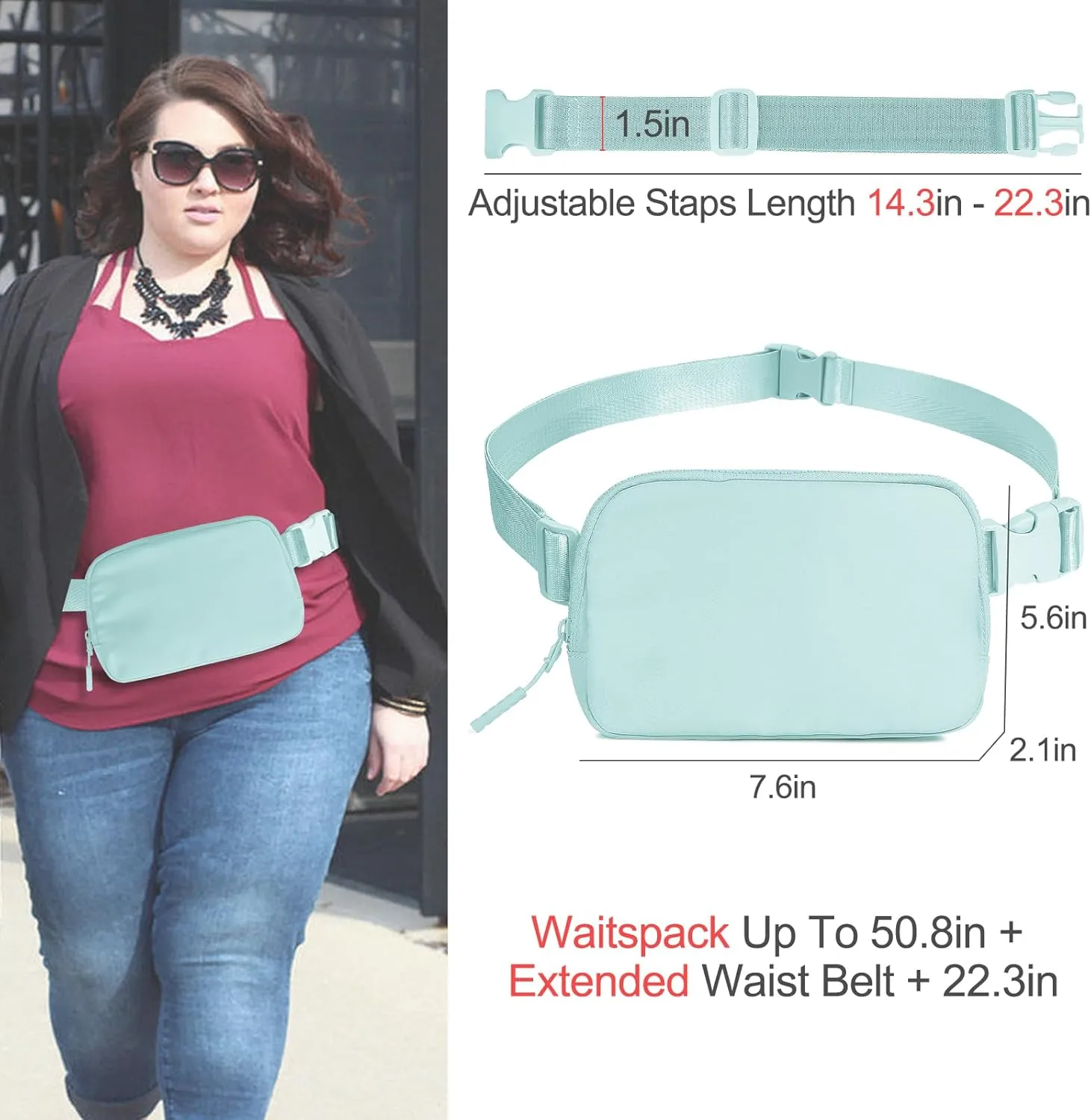 Belt Bag with Extender Strap, Fanny Pack Crossbody Bags for Women Men, Mini Everywhere Belt Bag, Unisex Fashion Small Waist Pouch for Travel Run Outdoor Cycling and Shopping (ice blue)