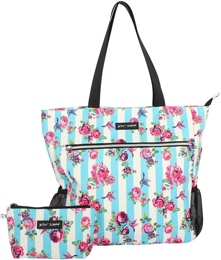 Betsey Johnson 15.6 Inch Zipper Beach Tote Bag Lightweight Large Durable Polyester with Mesh Side Pockets for Gym Work