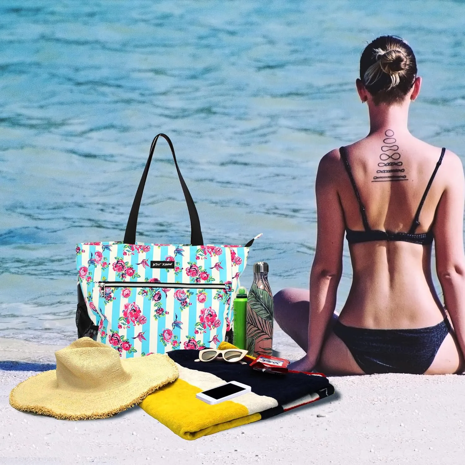 Betsey Johnson 15.6 Inch Zipper Beach Tote Bag Lightweight Large Durable Polyester with Mesh Side Pockets for Gym Work
