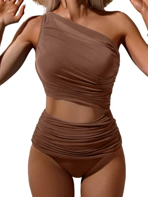 Bikini Sets for Women Tummy Control Two Piece Swimsuits Mesh One Shoulder Bathing Suits